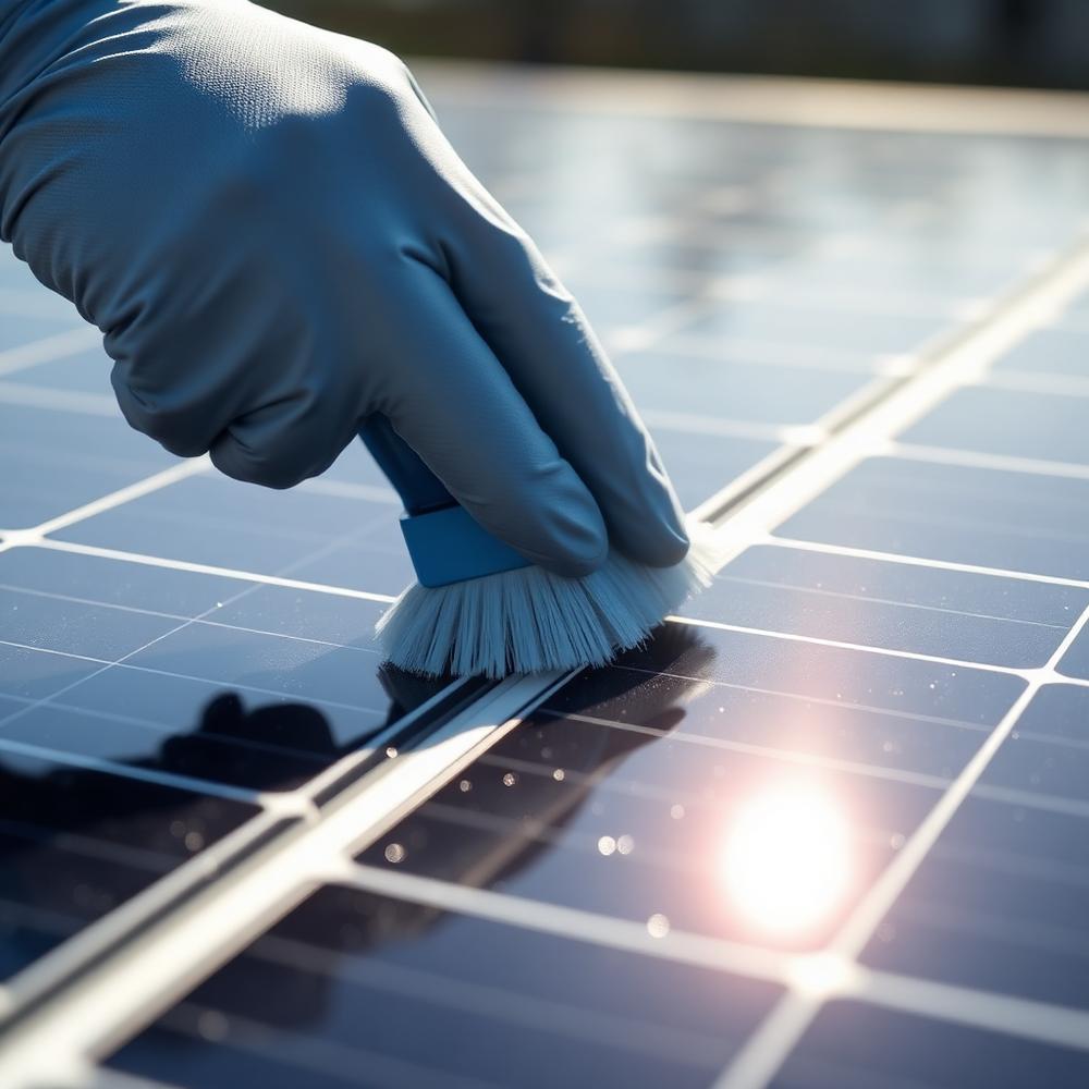 Gloved hand cleaning a solar panel with a soft brush and water