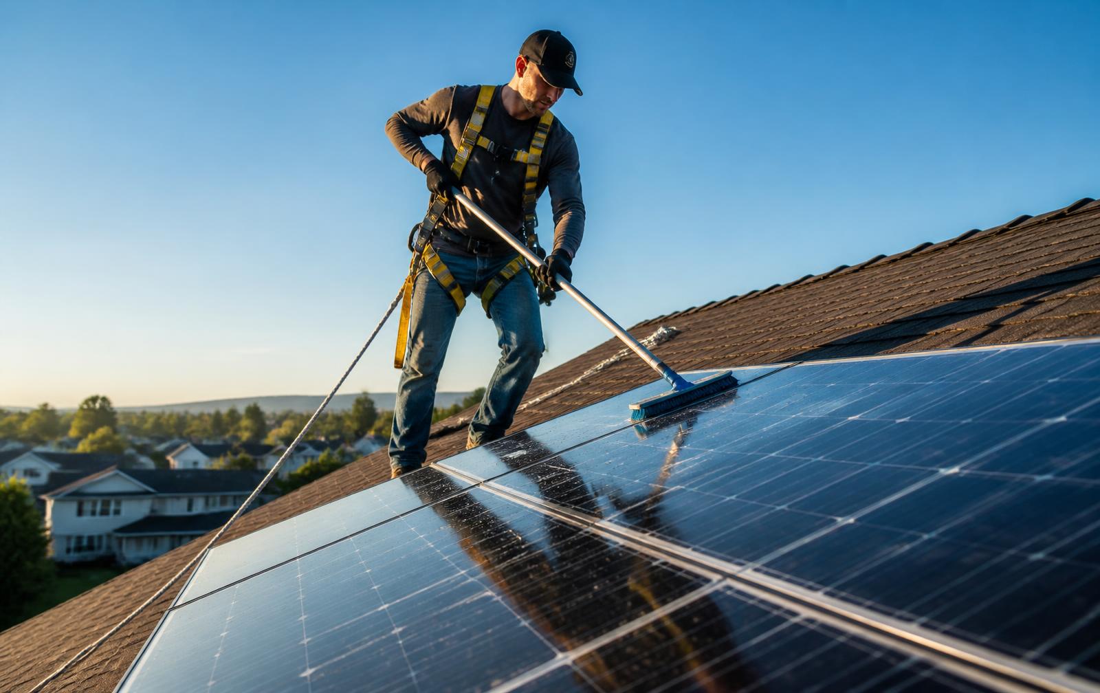 Solar panel cleaner in a harness hand-washing rooftop panels on a Kyle, Texas home